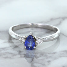 Load image into Gallery viewer, 0.59ct Pear Blue Sapphire Ring with diamond accents in 14K White Gold