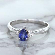 Load image into Gallery viewer, 0.59ct Pear Blue Sapphire Ring with diamond accents in 14K White Gold