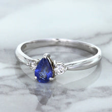 Load image into Gallery viewer, 0.59ct Pear Blue Sapphire Ring with diamond accents in 14K White Gold