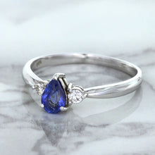 Load image into Gallery viewer, 0.59ct Pear Blue Sapphire Ring with diamond accents in 14K White Gold