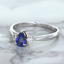 Load image into Gallery viewer, 0.59ct Pear Blue Sapphire Ring with diamond accents in 14K White Gold