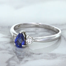 Load image into Gallery viewer, 0.59ct Pear Blue Sapphire Ring with diamond accents in 14K White Gold