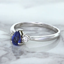 Load image into Gallery viewer, 0.59ct Pear Blue Sapphire Ring with diamond accents in 14K White Gold