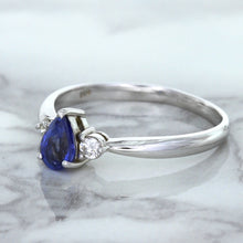 Load image into Gallery viewer, 0.59ct Pear Blue Sapphire Ring with diamond accents in 14K White Gold