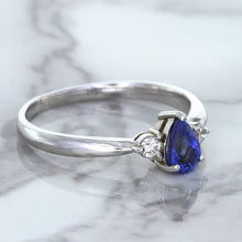Load image into Gallery viewer, 0.59ct Pear Blue Sapphire Ring with diamond accents in 14K White Gold