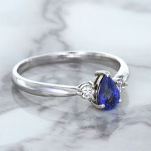 Load image into Gallery viewer, 0.59ct Pear Blue Sapphire Ring with diamond accents in 14K White Gold