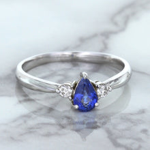 Load image into Gallery viewer, 0.59ct Pear Blue Sapphire Ring with diamond accents in 14K White Gold