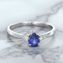 Load image into Gallery viewer, 0.59ct Pear Blue Sapphire Ring with diamond accents in 14K White Gold