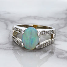Load image into Gallery viewer, 1.65ct Oval Opal Ring with Diamond Accents in 14K White Gold