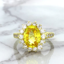 Load image into Gallery viewer, 4.04ct Oval Yellow Sapphire Ring with Diamond Halo in 14K Yellow Gold