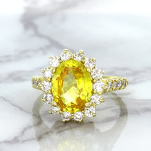Load image into Gallery viewer, 4.04ct Oval Yellow Sapphire Ring with Diamond Halo in 14K Yellow Gold