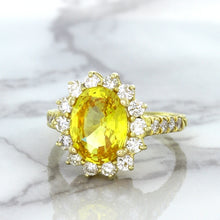Load image into Gallery viewer, 4.04ct Oval Yellow Sapphire Ring with Diamond Halo in 14K Yellow Gold