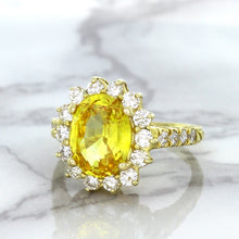 Load image into Gallery viewer, 4.04ct Oval Yellow Sapphire Ring with Diamond Halo in 14K Yellow Gold