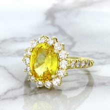 Load image into Gallery viewer, 4.04ct Oval Yellow Sapphire Ring with Diamond Halo in 14K Yellow Gold