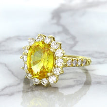 Load image into Gallery viewer, 4.04ct Oval Yellow Sapphire Ring with Diamond Halo in 14K Yellow Gold