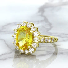 Load image into Gallery viewer, 4.04ct Oval Yellow Sapphire Ring with Diamond Halo in 14K Yellow Gold