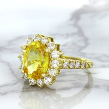 Load image into Gallery viewer, 4.04ct Oval Yellow Sapphire Ring with Diamond Halo in 14K Yellow Gold