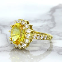 Load image into Gallery viewer, 4.04ct Oval Yellow Sapphire Ring with Diamond Halo in 14K Yellow Gold