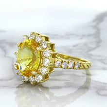 Load image into Gallery viewer, 4.04ct Oval Yellow Sapphire Ring with Diamond Halo in 14K Yellow Gold
