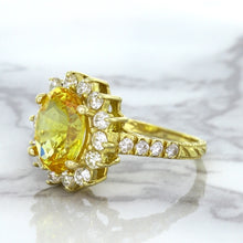 Load image into Gallery viewer, 4.04ct Oval Yellow Sapphire Ring with Diamond Halo in 14K Yellow Gold