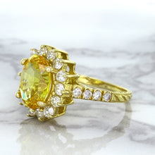 Load image into Gallery viewer, 4.04ct Oval Yellow Sapphire Ring with Diamond Halo in 14K Yellow Gold