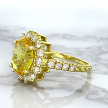Load image into Gallery viewer, 4.04ct Oval Yellow Sapphire Ring with Diamond Halo in 14K Yellow Gold