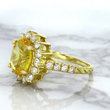 Load image into Gallery viewer, 4.04ct Oval Yellow Sapphire Ring with Diamond Halo in 14K Yellow Gold