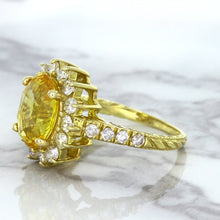 Load image into Gallery viewer, 4.04ct Oval Yellow Sapphire Ring with Diamond Halo in 14K Yellow Gold