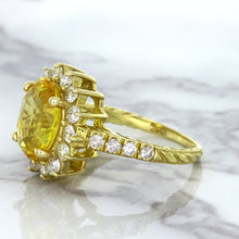 Load image into Gallery viewer, 4.04ct Oval Yellow Sapphire Ring with Diamond Halo in 14K Yellow Gold