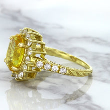Load image into Gallery viewer, 4.04ct Oval Yellow Sapphire Ring with Diamond Halo in 14K Yellow Gold