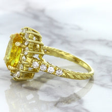 Load image into Gallery viewer, 4.04ct Oval Yellow Sapphire Ring with Diamond Halo in 14K Yellow Gold