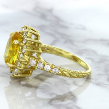 Load image into Gallery viewer, 4.04ct Oval Yellow Sapphire Ring with Diamond Halo in 14K Yellow Gold