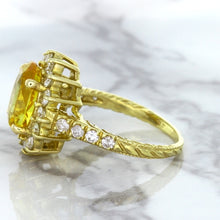Load image into Gallery viewer, 4.04ct Oval Yellow Sapphire Ring with Diamond Halo in 14K Yellow Gold