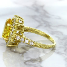 Load image into Gallery viewer, 4.04ct Oval Yellow Sapphire Ring with Diamond Halo in 14K Yellow Gold