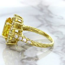 Load image into Gallery viewer, 4.04ct Oval Yellow Sapphire Ring with Diamond Halo in 14K Yellow Gold
