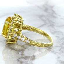 Load image into Gallery viewer, 4.04ct Oval Yellow Sapphire Ring with Diamond Halo in 14K Yellow Gold