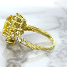 Load image into Gallery viewer, 4.04ct Oval Yellow Sapphire Ring with Diamond Halo in 14K Yellow Gold