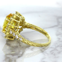 Load image into Gallery viewer, 4.04ct Oval Yellow Sapphire Ring with Diamond Halo in 14K Yellow Gold