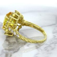 Load image into Gallery viewer, 4.04ct Oval Yellow Sapphire Ring with Diamond Halo in 14K Yellow Gold