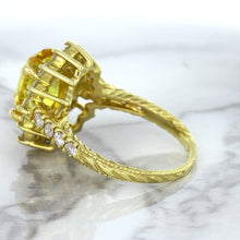 Load image into Gallery viewer, 4.04ct Oval Yellow Sapphire Ring with Diamond Halo in 14K Yellow Gold