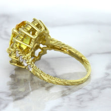Load image into Gallery viewer, 4.04ct Oval Yellow Sapphire Ring with Diamond Halo in 14K Yellow Gold