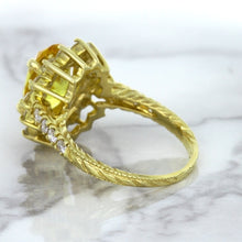 Load image into Gallery viewer, 4.04ct Oval Yellow Sapphire Ring with Diamond Halo in 14K Yellow Gold