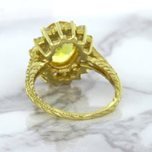 Load image into Gallery viewer, 4.04ct Oval Yellow Sapphire Ring with Diamond Halo in 14K Yellow Gold