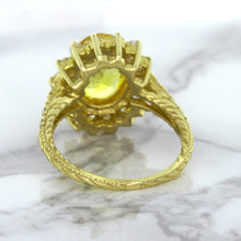 Load image into Gallery viewer, 4.04ct Oval Yellow Sapphire Ring with Diamond Halo in 14K Yellow Gold