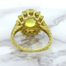 Load image into Gallery viewer, 4.04ct Oval Yellow Sapphire Ring with Diamond Halo in 14K Yellow Gold