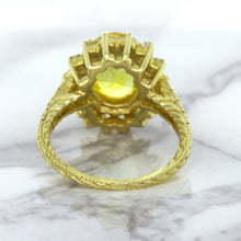 Load image into Gallery viewer, 4.04ct Oval Yellow Sapphire Ring with Diamond Halo in 14K Yellow Gold