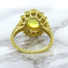 Load image into Gallery viewer, 4.04ct Oval Yellow Sapphire Ring with Diamond Halo in 14K Yellow Gold