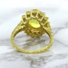 Load image into Gallery viewer, 4.04ct Oval Yellow Sapphire Ring with Diamond Halo in 14K Yellow Gold