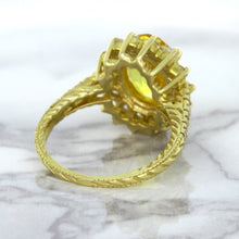 Load image into Gallery viewer, 4.04ct Oval Yellow Sapphire Ring with Diamond Halo in 14K Yellow Gold