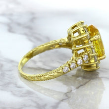 Load image into Gallery viewer, 4.04ct Oval Yellow Sapphire Ring with Diamond Halo in 14K Yellow Gold